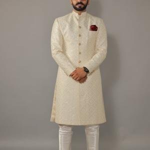 Square Pattern Embroidered White Sherwani | Father Son Combo | Sequin Work | Jaipurio